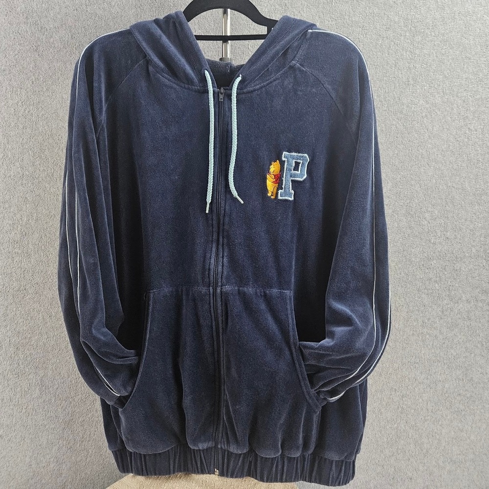 Rare VTG Disney Parks Winnie the Pooh Collegiate Patch Velour Hoodie Sz  18/20